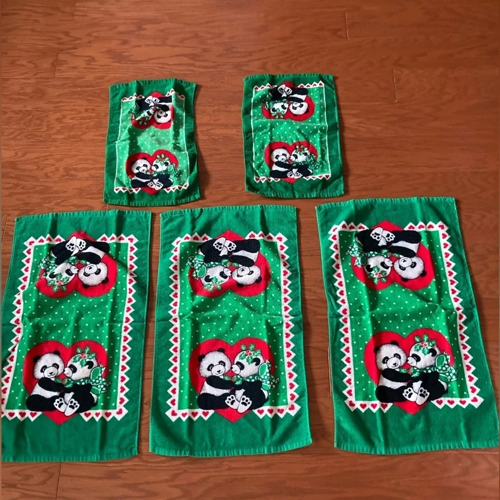 Vintage Franco Kitchen Towels Panda Bears Christmas made in Japan 1980’s